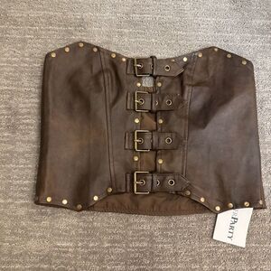 SisterParty Leather Cut Out Buckle Strapless Crop Top‎ Brown Medium NWT